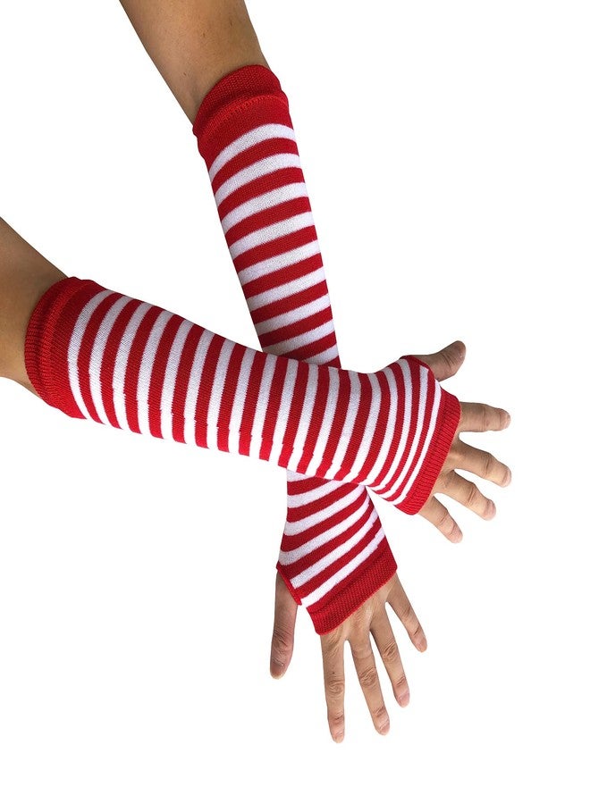 SYAYA Women Striped Long Fingerless Gloves, Winter Knitted Arm Warmers For Punk Rock/Cosplay/Goth/Christmas Party WM-S-G5 (White with Red Striped) - Image 3